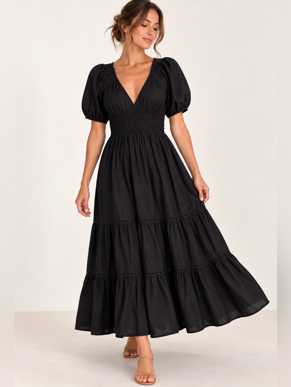 ASOS DESIGN Black Cotton Maxi Dress Size 4 Smocked Waist Puff Sleeve NWOT